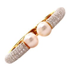 Vintage Pearl Diamond Two Color Gold Bangle Bracelet