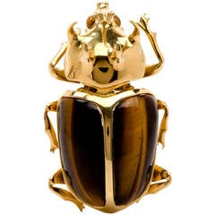Vintage Garavelli Tiger Eye Gold Beetle Brooch Pin