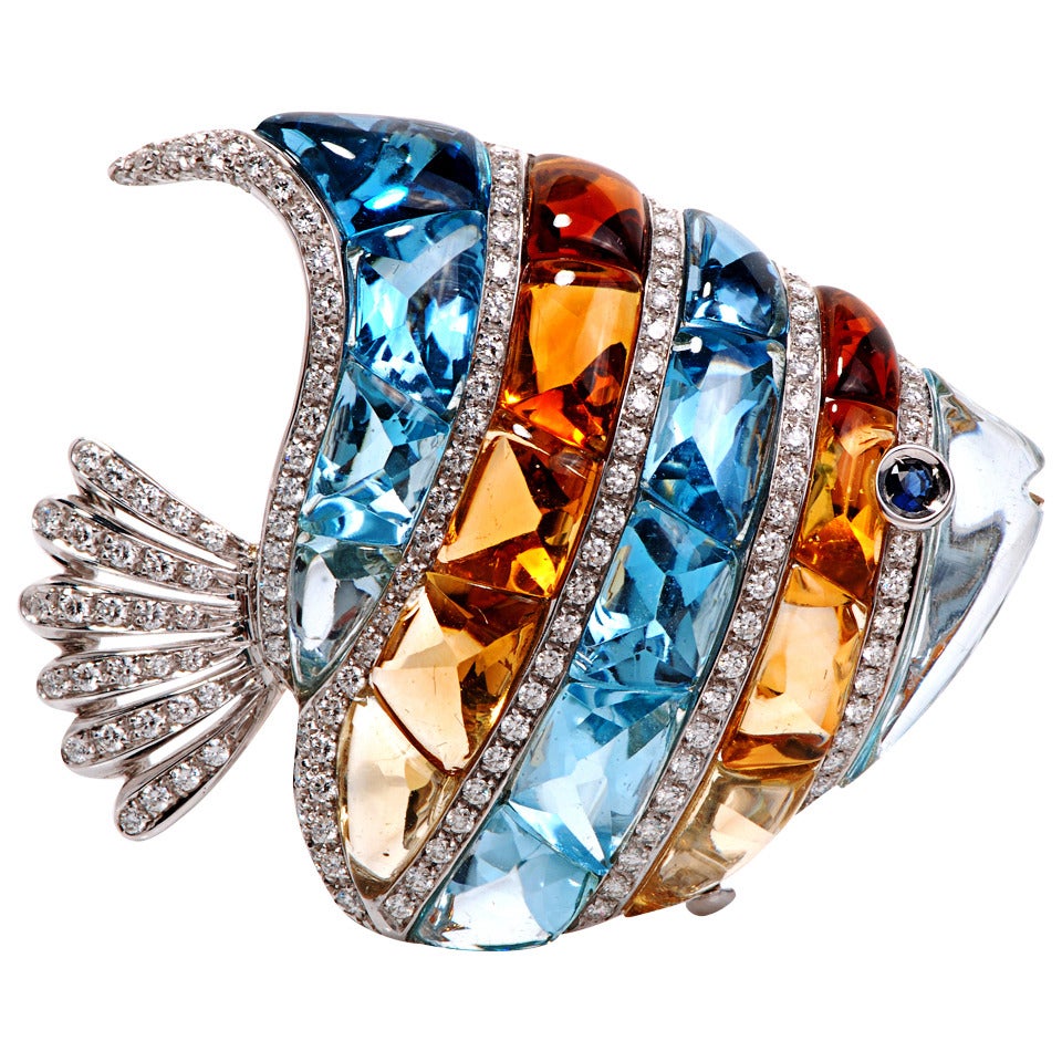 Garavelli Topaz Citrine Diamond Gold Fish Pin Brooch