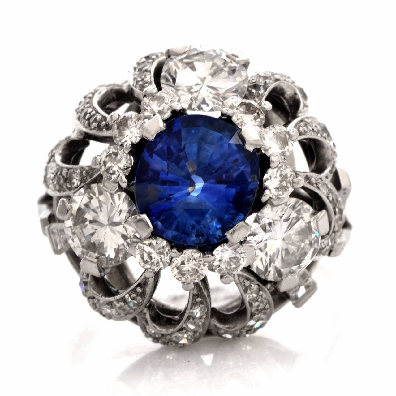 Vintage 5.77 Carat Sapphire Diamond Platinum Dome Shaped Cocktail Ring In Excellent Condition In Miami, FL