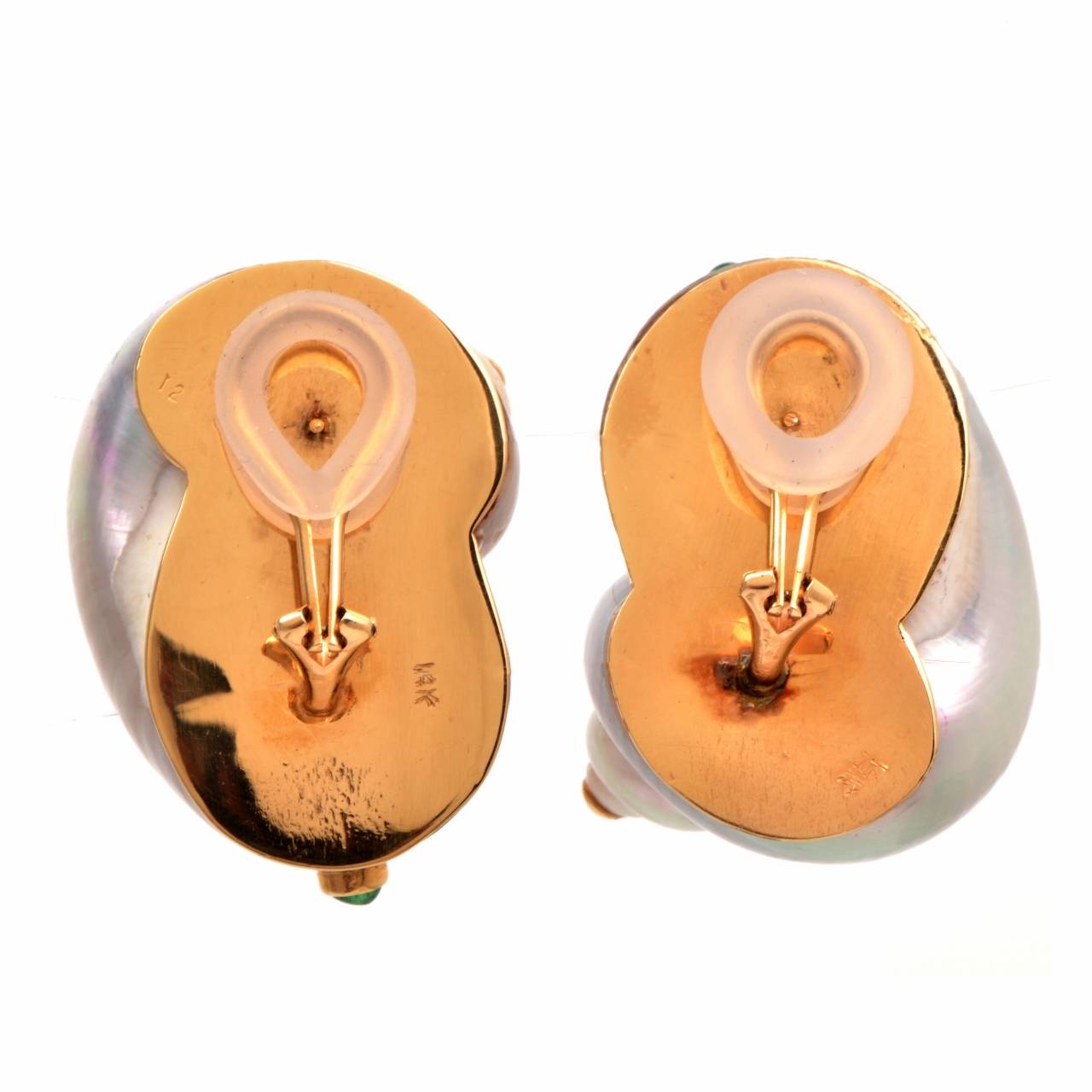 These estate earrings of opulent and colorful aesthetic designed to simulate natural sea-shells, are crafted in 14K yellow gold and mother of pearl (also referred to as Abalone shell), weigh 30.6 grams and measure 32 mm x  28 mm x 25 mm.  These