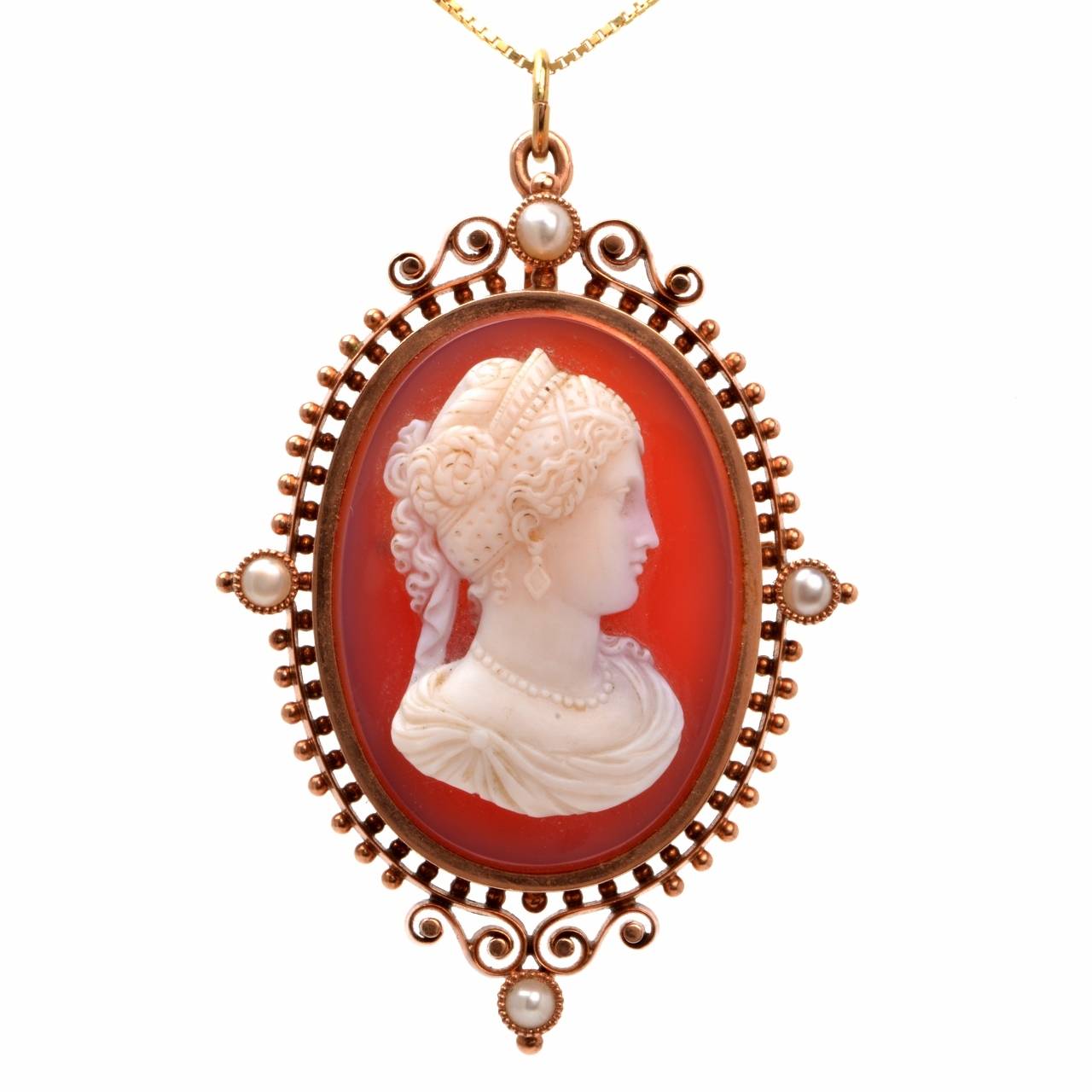 Victorian Shell Cameo Goddess Lady Rose Pearl and Gold Pendant and Pin
