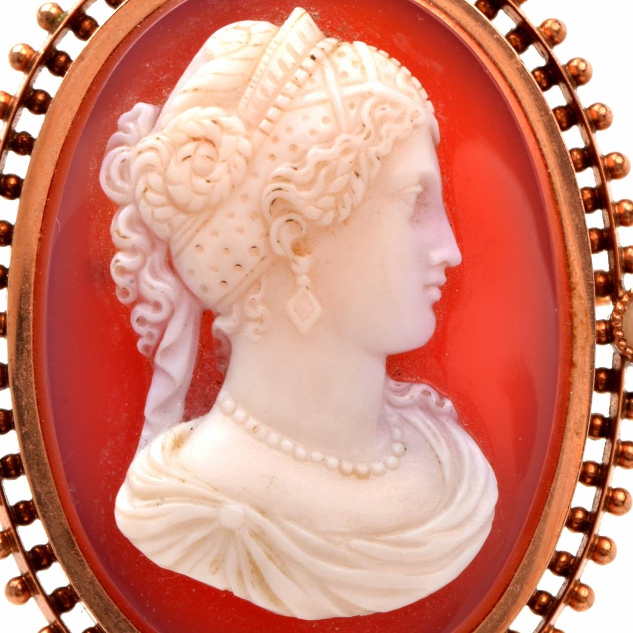 Victorian Shell Cameo Goddess Lady Rose Pearl and Gold Pendant and Pin Brooch In Excellent Condition In Miami, FL
