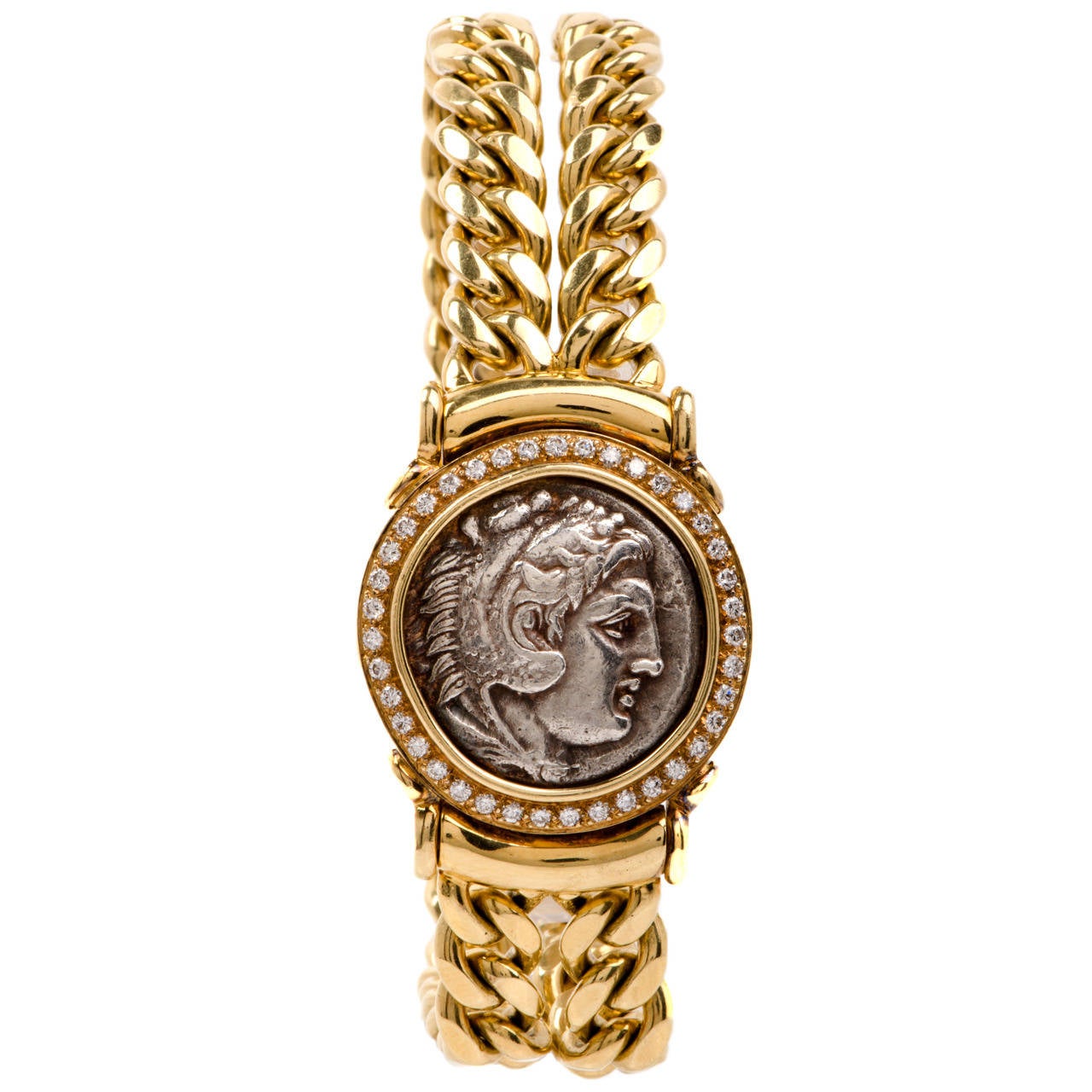 1970s Heavy Cuban Diamond Gold Link Roman Coin Men Bracelet