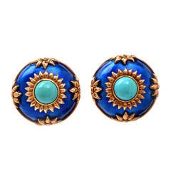 Blue Enamel Turquoise Repousse Gold Clip Earrings