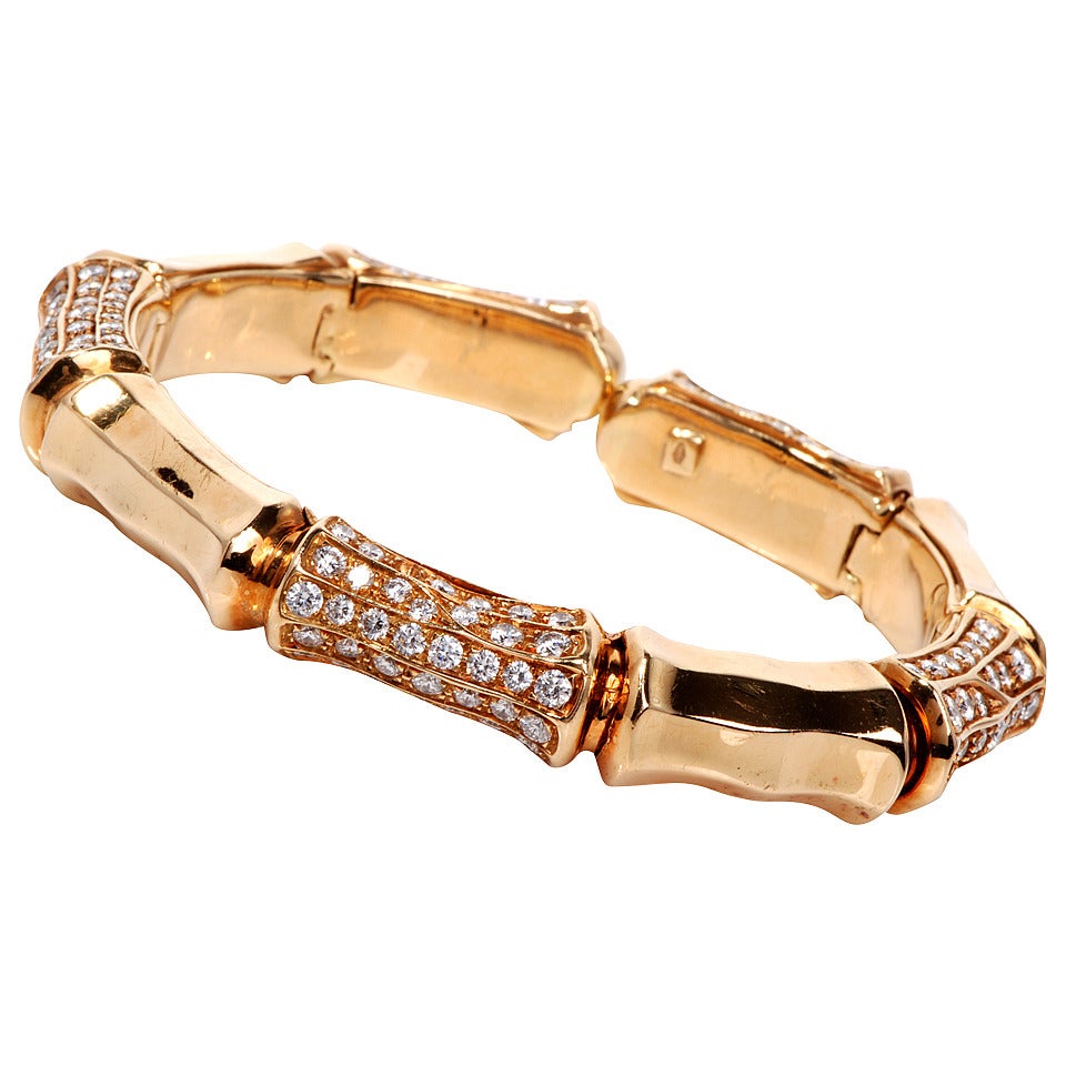 Diamond Gold Bamboo Cuff Bangle Bracelet