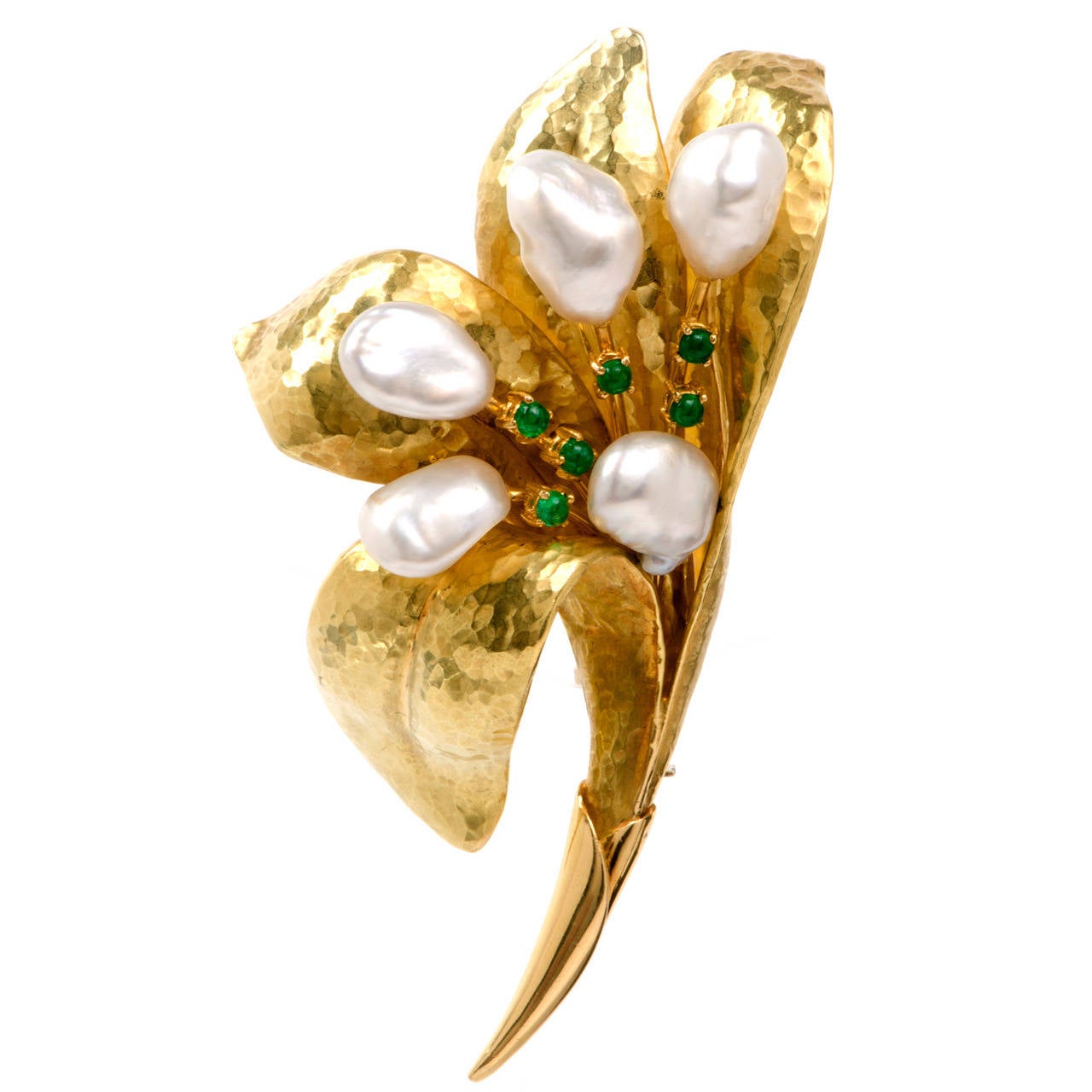 Hand-Hammered  Pearl Emerald Lily Gold Flower Pin Brooch