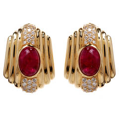 Ruby Cabochon Diamond Gold Earrings