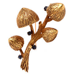 E. Pearl Sapphire Gold Mushroom Brooch Pin