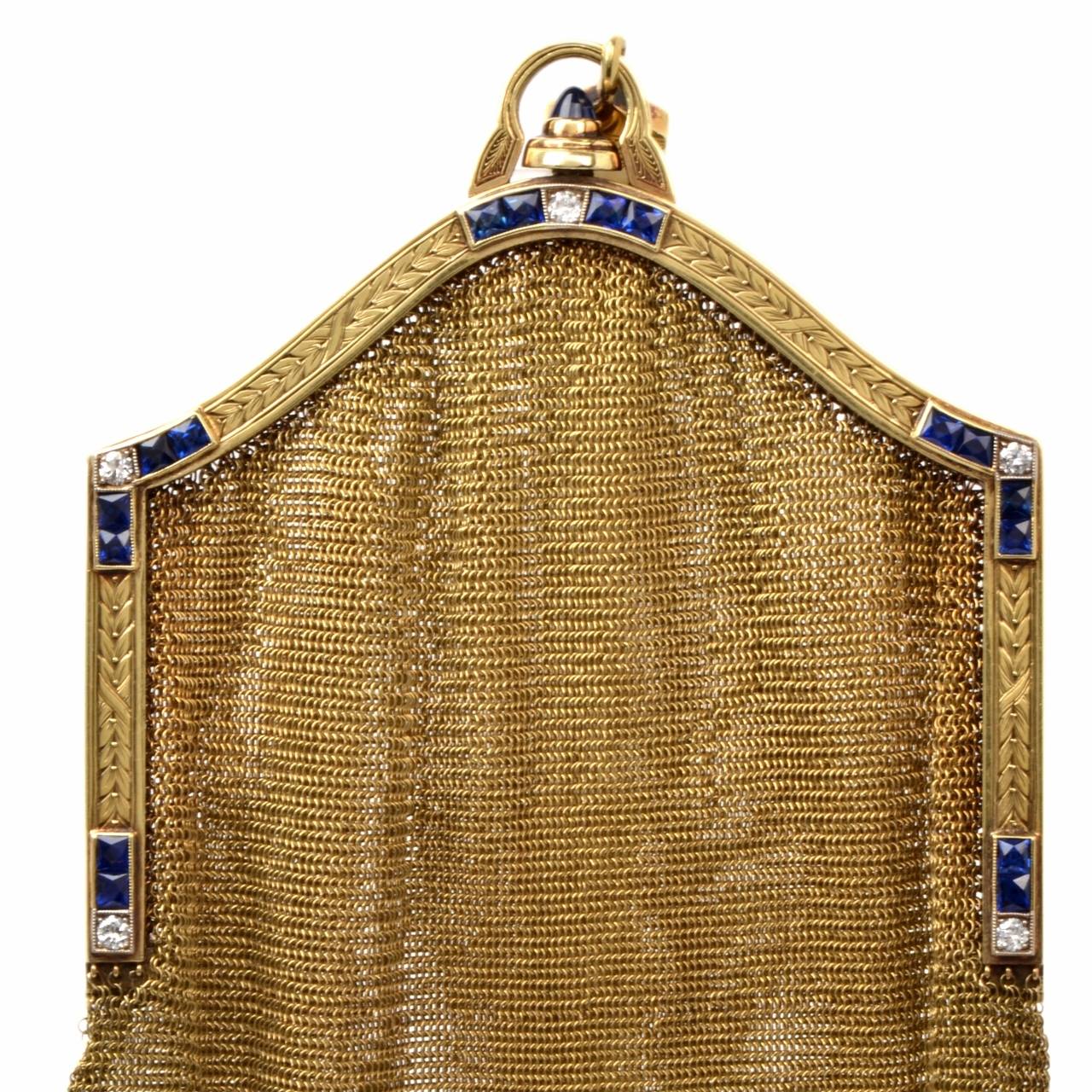 Victorian Seed Pearl Sapphire Diamond Gold Mesh Evening Purse In Excellent Condition In Miami, FL