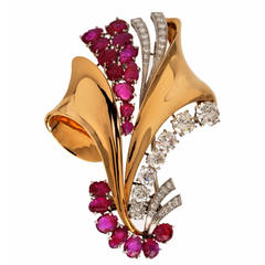Impressive Retro Ruby Diamond Gold Pin Brooch 2