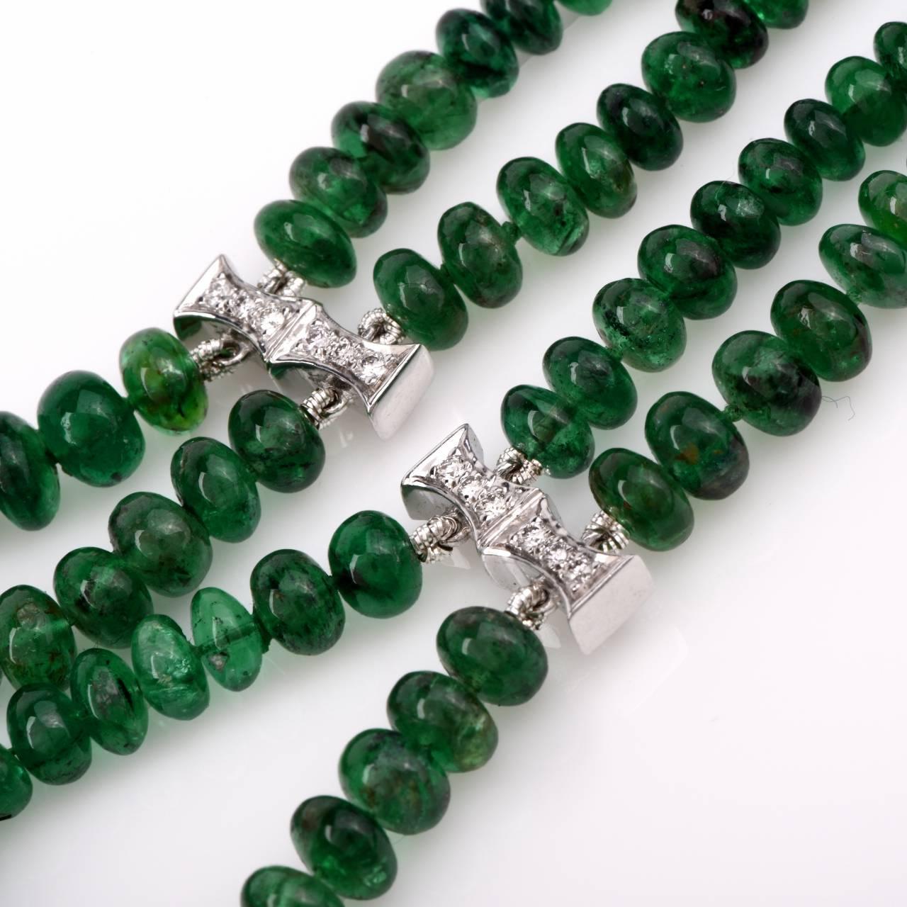 Emerald Diamond Platinum Beads Necklace In Excellent Condition In Miami, FL