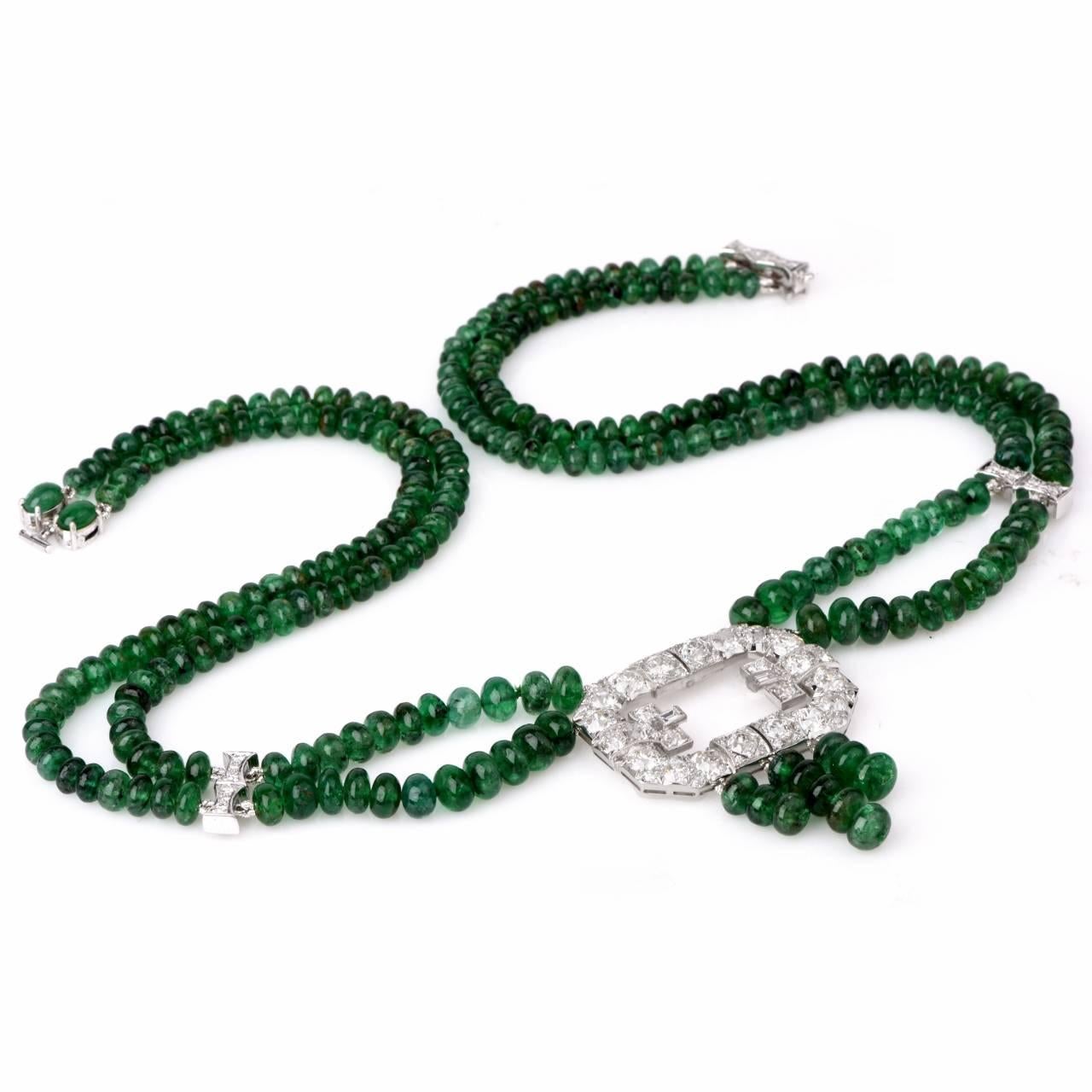Women's Emerald Diamond Platinum Beads Necklace