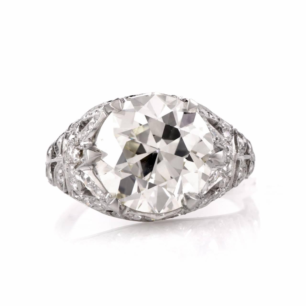Art Deco Antique 3.98 Carat Diamond Platinum Filigree Engagement Ring