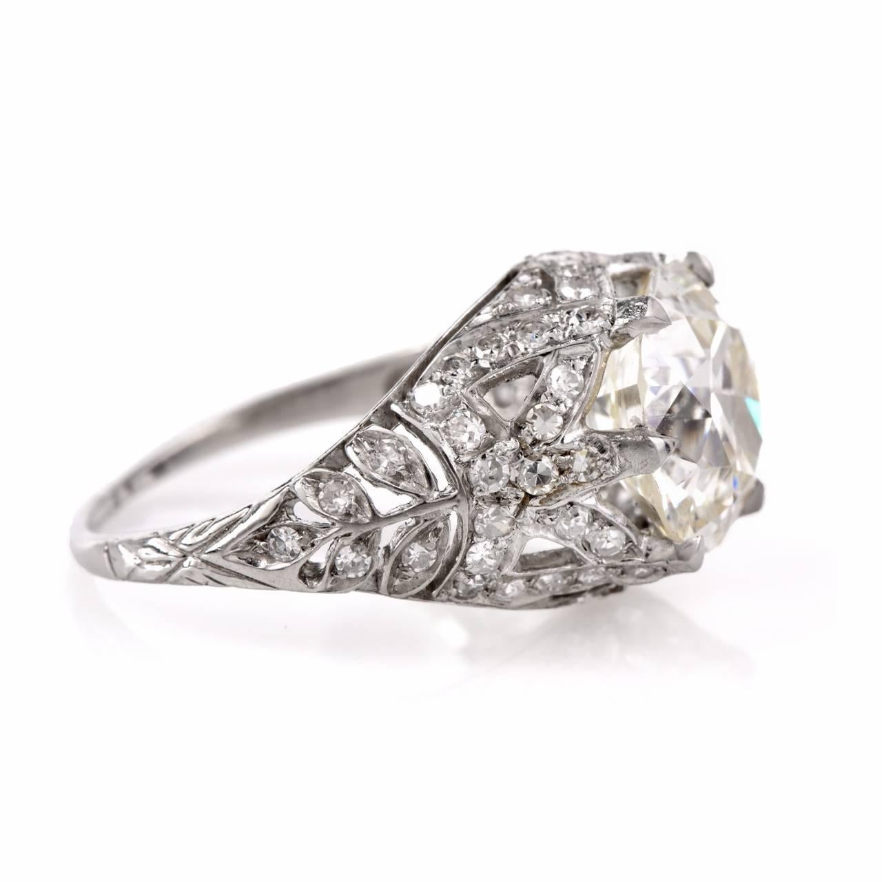Antique 3.98 Carat Diamond Platinum Filigree Engagement Ring In Excellent Condition In Miami, FL