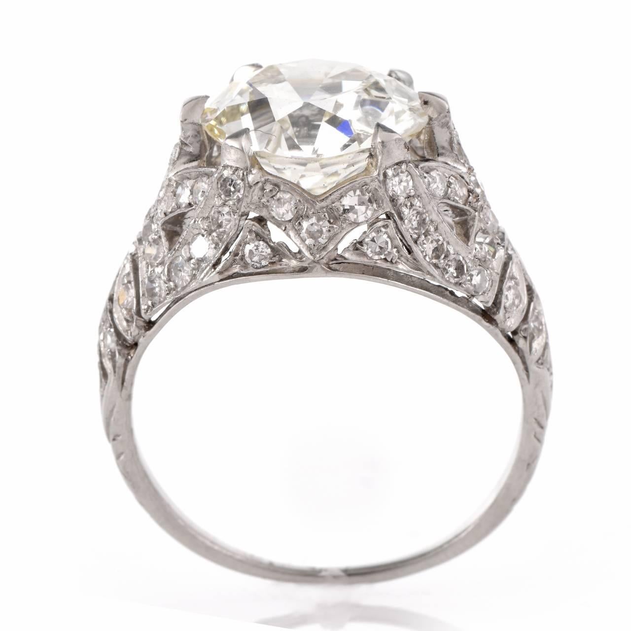 Antique 3.98 Carat Diamond Platinum Filigree Engagement Ring 1