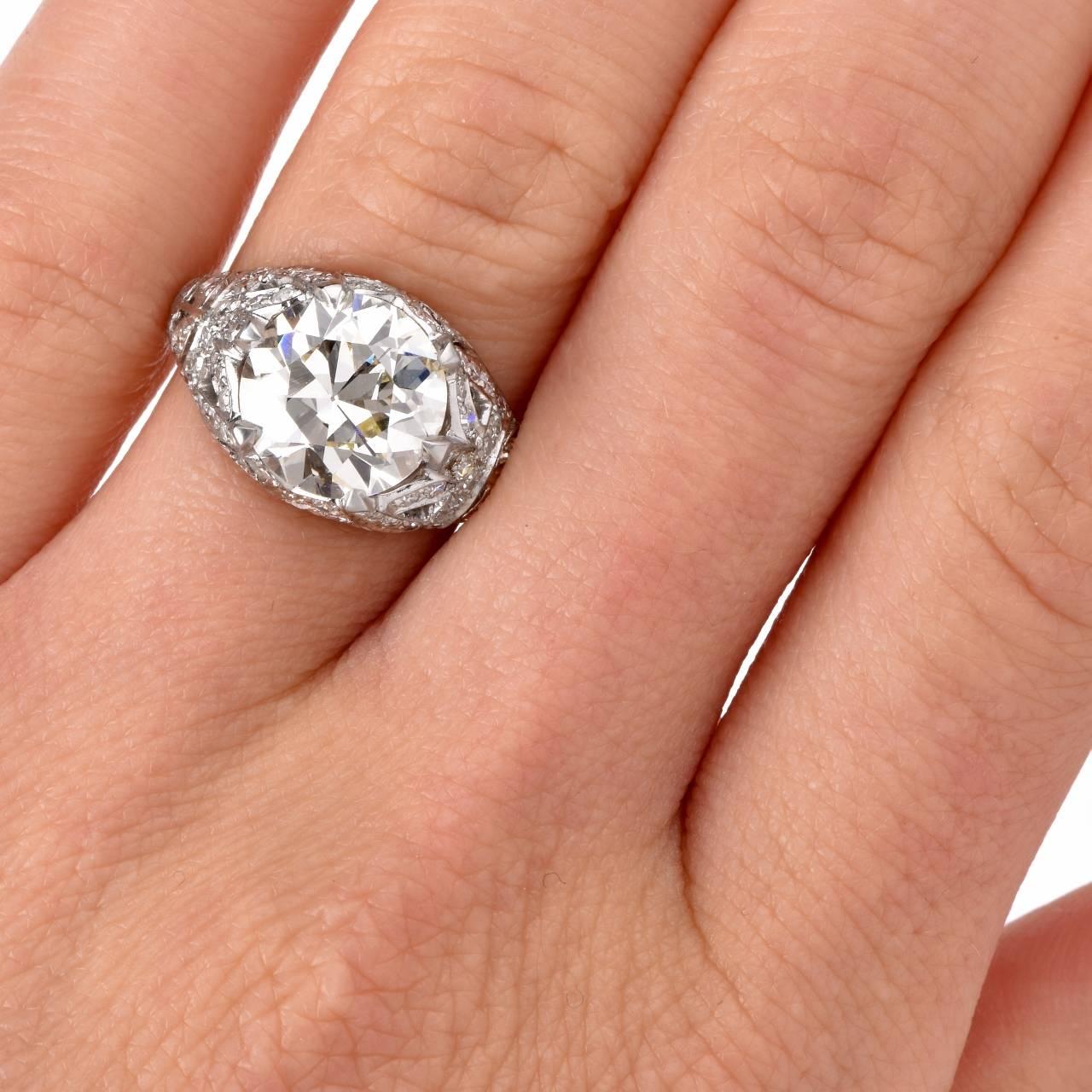 Antique 3.98 Carat Diamond Platinum Filigree Engagement Ring 2