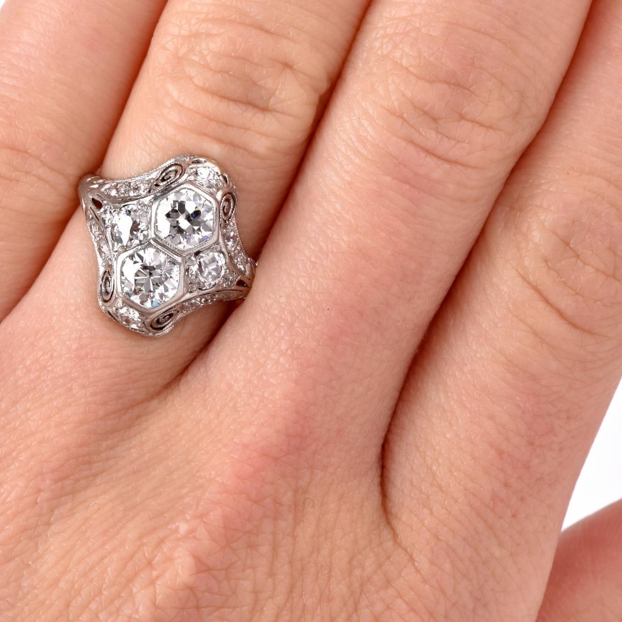 Women's or Men's Antique Art Deco  Diamond Platinum Filigree  Engagement Ring