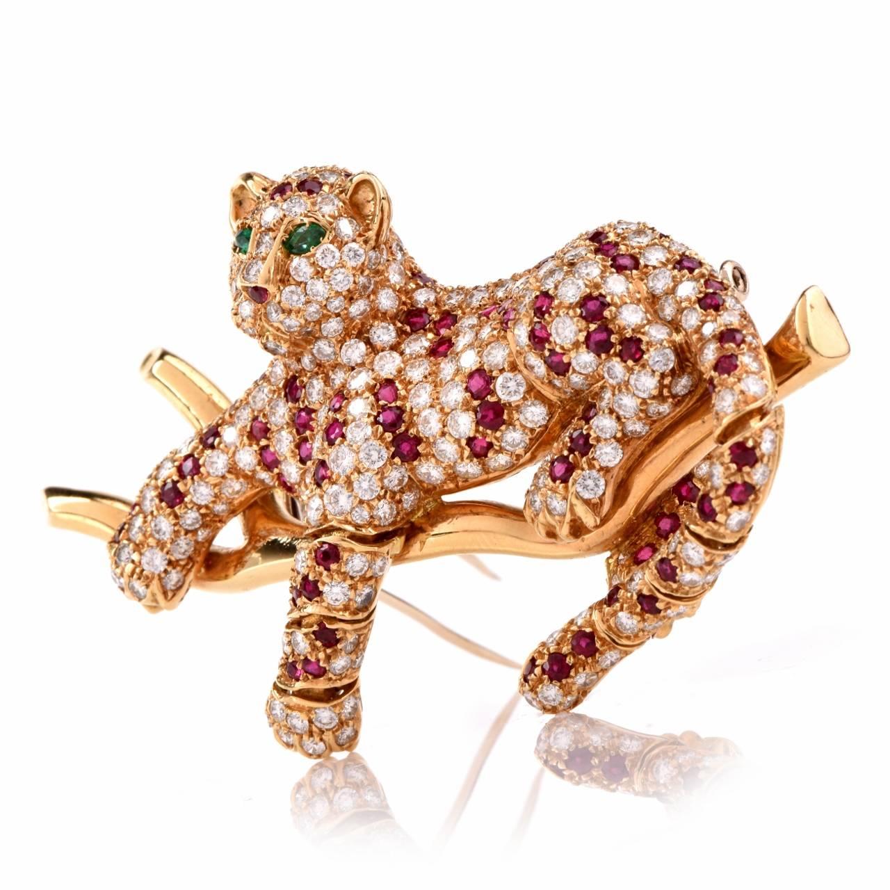 Retro Ruby Emerald Diamond Gold Tiger Brooch Pin In Excellent Condition In Miami, FL