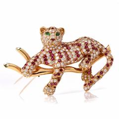 Retro Ruby Emerald Diamond Gold Tiger Brooch Pin