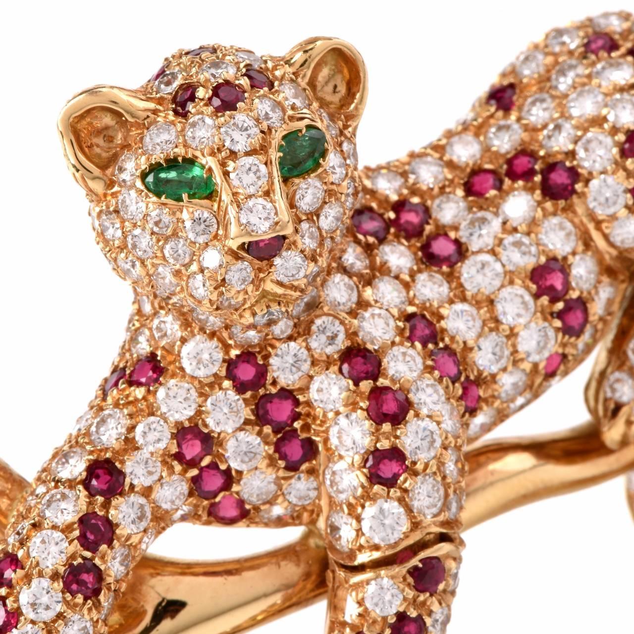 Women's or Men's Retro Ruby Emerald Diamond Gold Tiger Brooch Pin