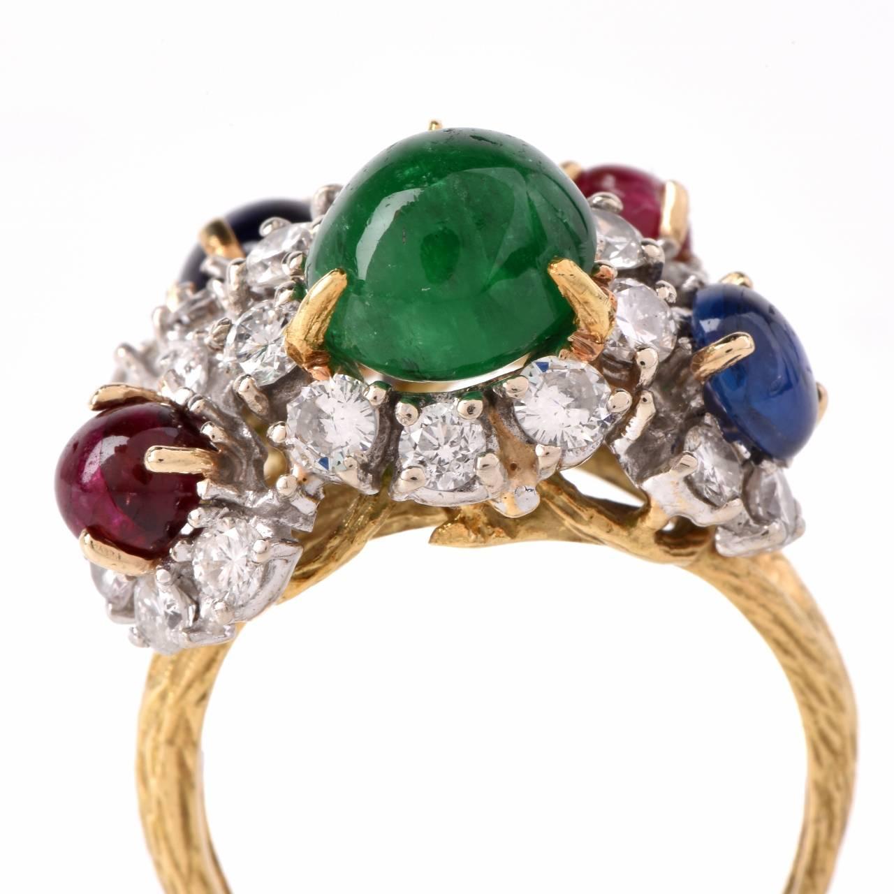 Women's or Men's Multi-Gem Diamond Gold Floral Design Ring