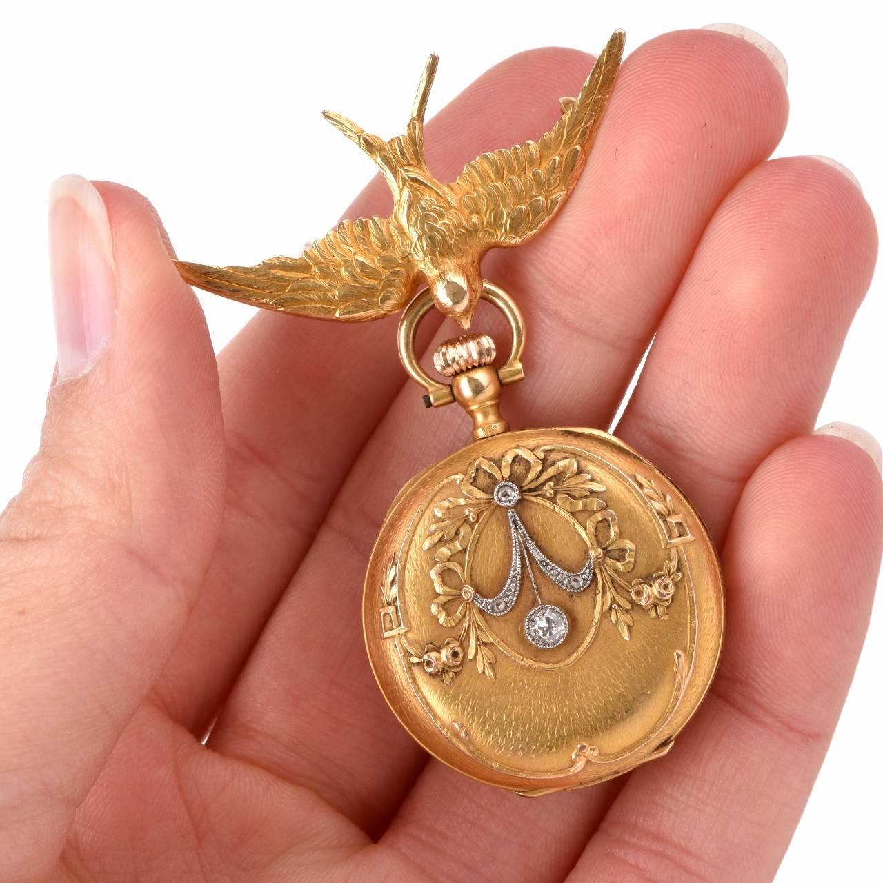 Antique Victorian Lady's Pocket Watch and Detachable Gold Bird Pin 3