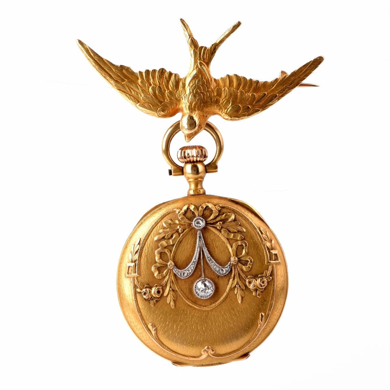 Antique Victorian Lady's Pocket Watch and Detachable Gold Bird Pin