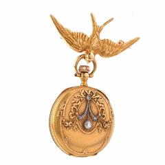 Antique Victorian Lady's Pocket Watch and Detachable Gold Bird Pin