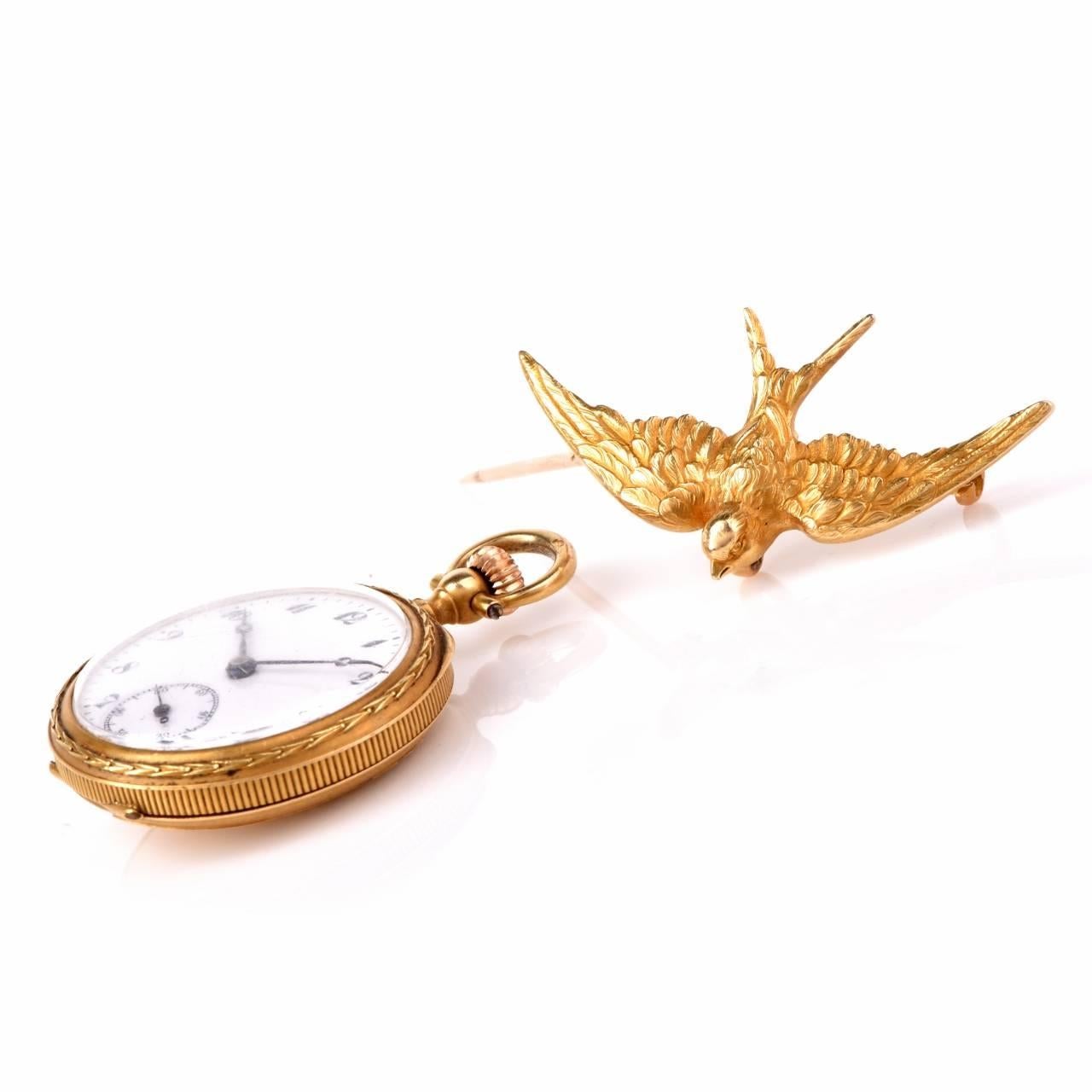 Antique Victorian Lady's Pocket Watch and Detachable Gold Bird Pin 2