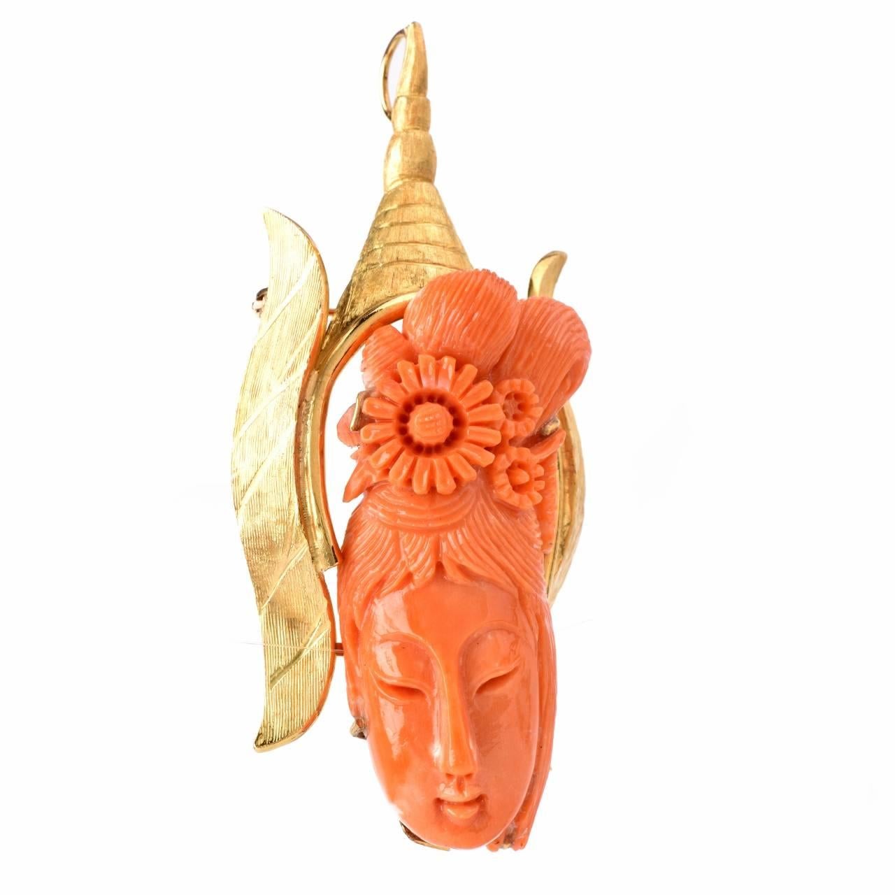 Chinese Sculptural Coral Chinese Motif Gold Pin & Pendant In Excellent Condition In Miami, FL