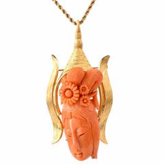 Chinese Sculptural Coral Chinese Motif Gold Pin & Pendant