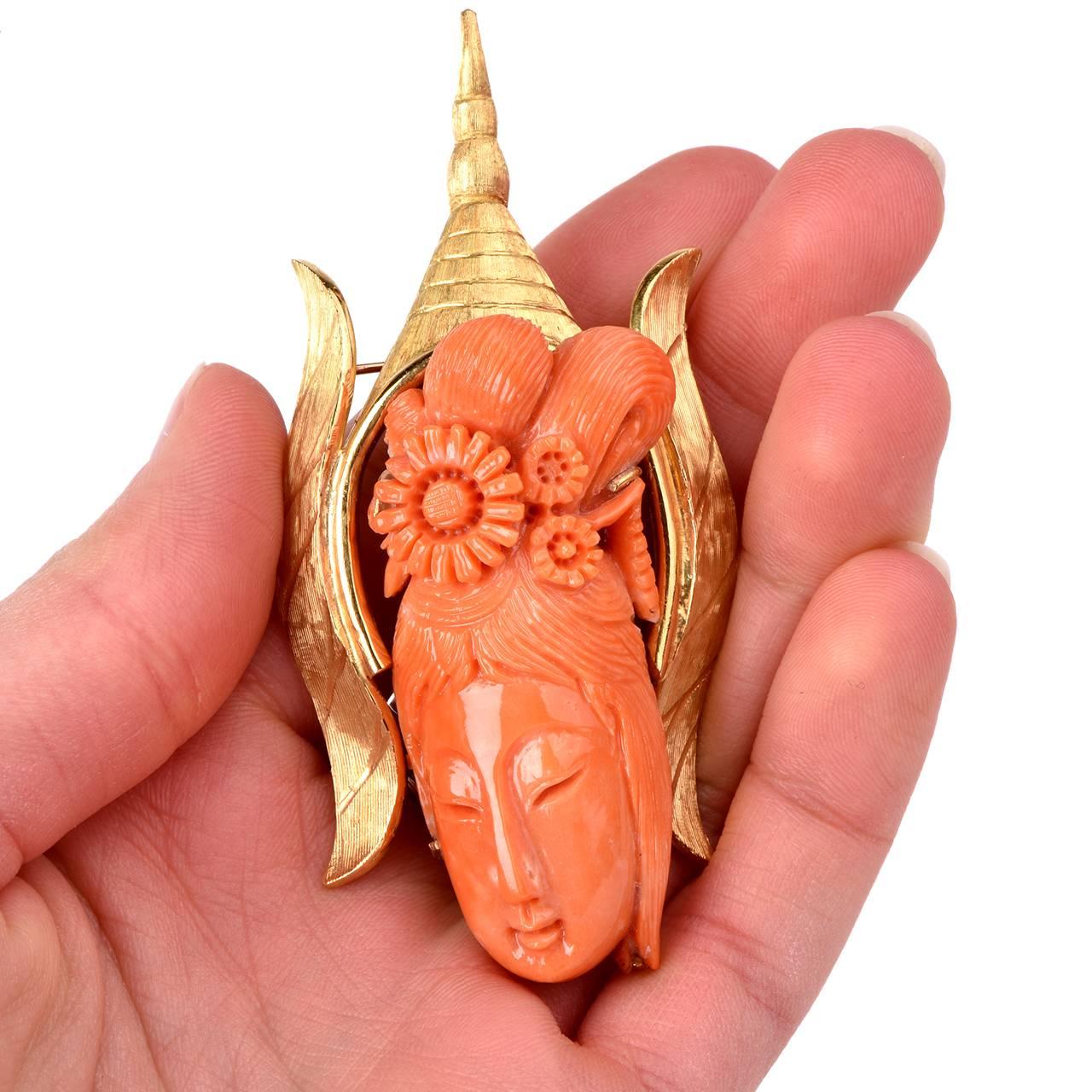 Chinese Sculptural Coral Chinese Motif Gold Pin & Pendant 4