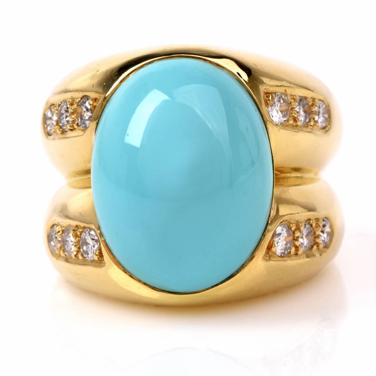 This 1960s retro cocktail ring with  a fine Persian turquoise cabochon and diamonds is crafted in solid 18K yellow gold. The ring weighs approx. 20.6 grams and measures 19mm wide x 13mm high. This fashionable ring exposes an eye-catching oval