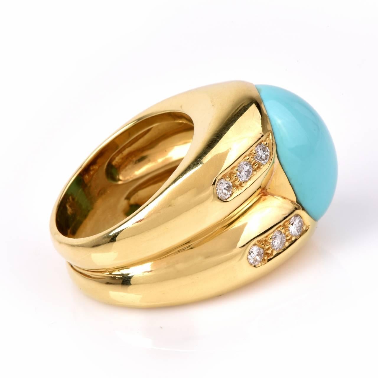 Retro Turquoise Diamond Gold Ring In Excellent Condition In Miami, FL