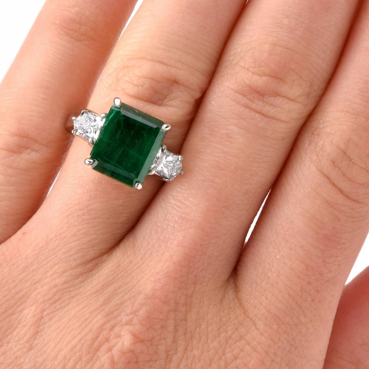 Colombian Emerald Diamond Platinum Engagement Ring at 1stdibs