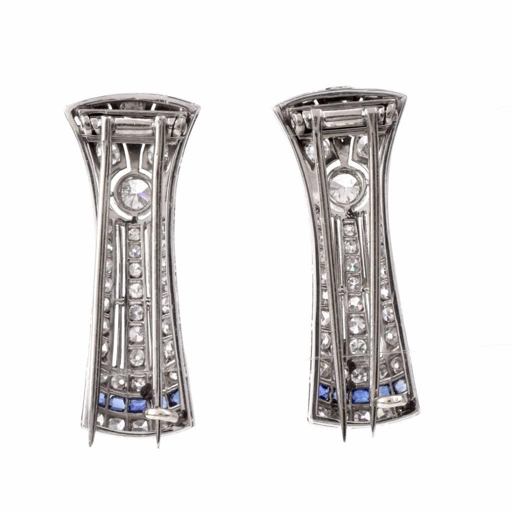 Antique Diamond Sapphire Platinum Double Clip Brooch Pins In Excellent Condition In Miami, FL