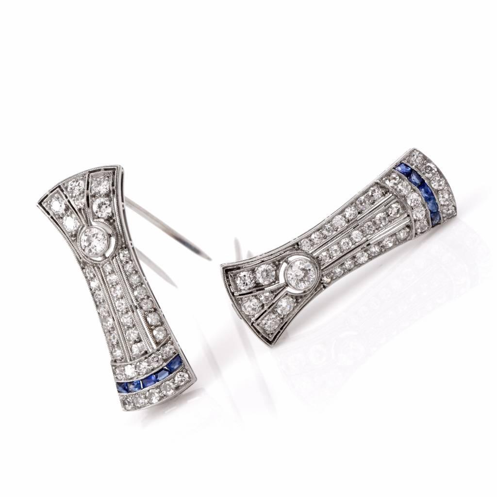 Women's Antique Diamond Sapphire Platinum Double Clip Brooch Pins