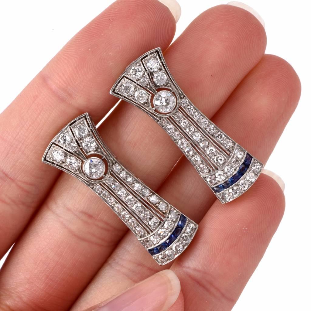 Antique Diamond Sapphire Platinum Double Clip Brooch Pins 1