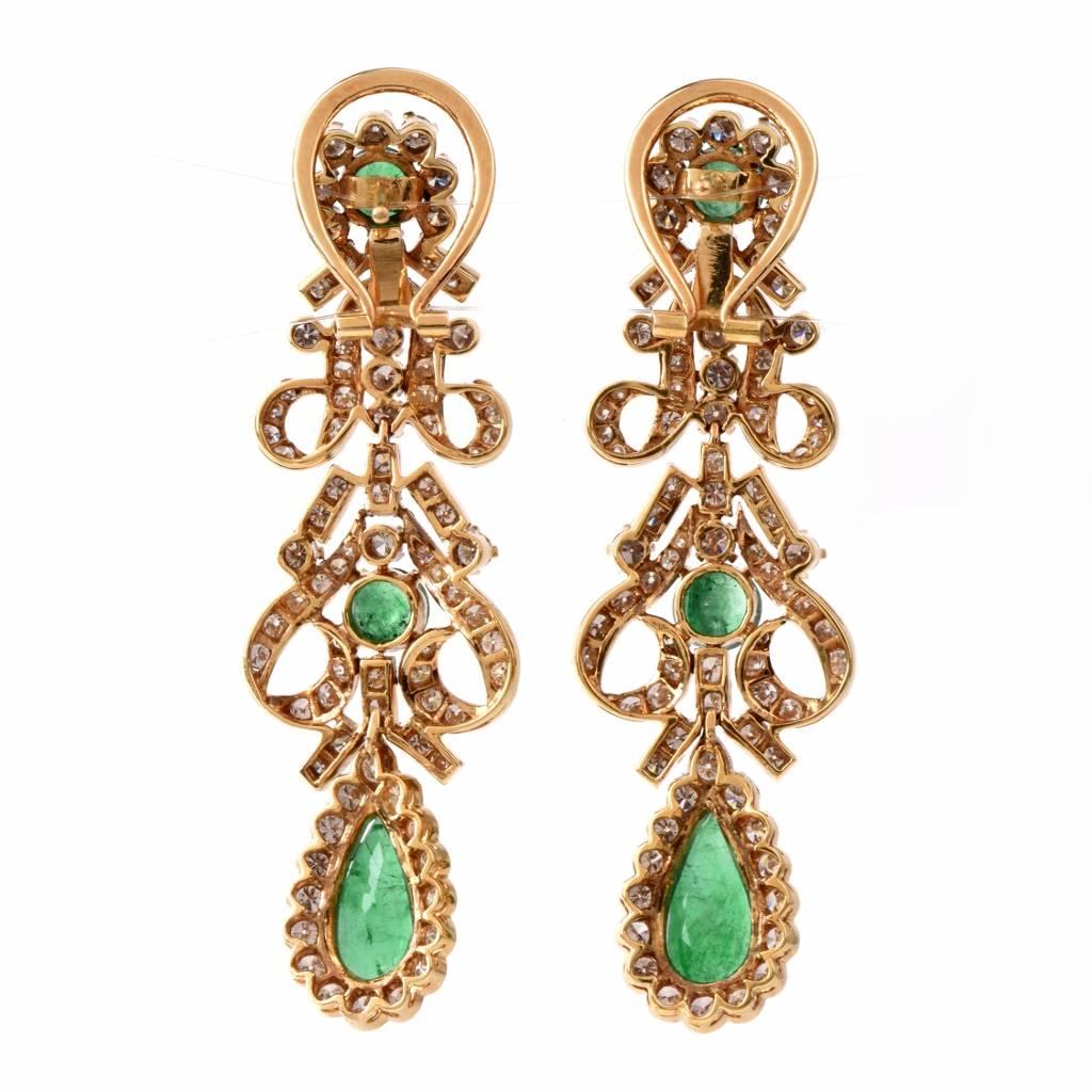 Women's Retro Emerald Diamond Gold Chandelier Earrings
