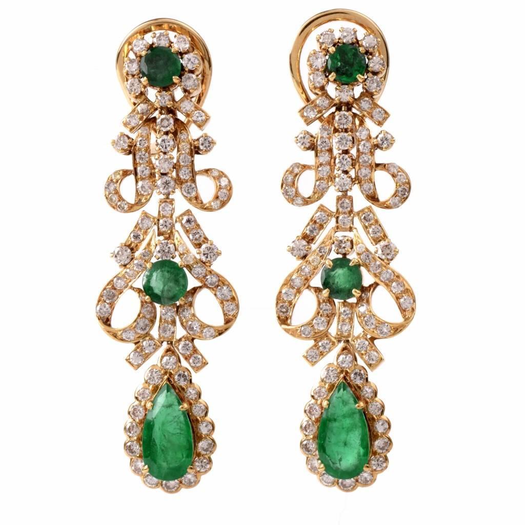 Retro Emerald Diamond Gold Chandelier Earrings at 1stdibs
