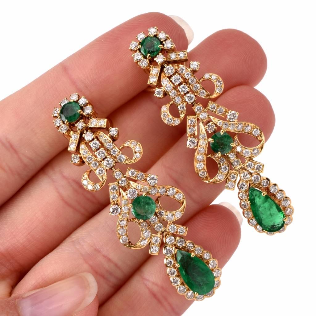 Retro Emerald Diamond Gold Chandelier Earrings 1