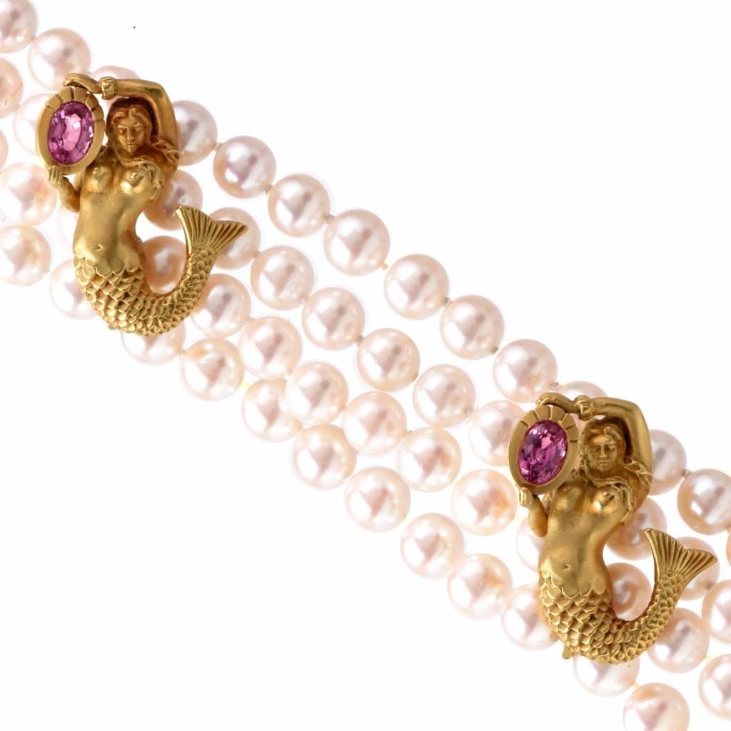 Modern Barry Kieselstein Vintage Mermaid Gold Pearl Necklace  For Sale