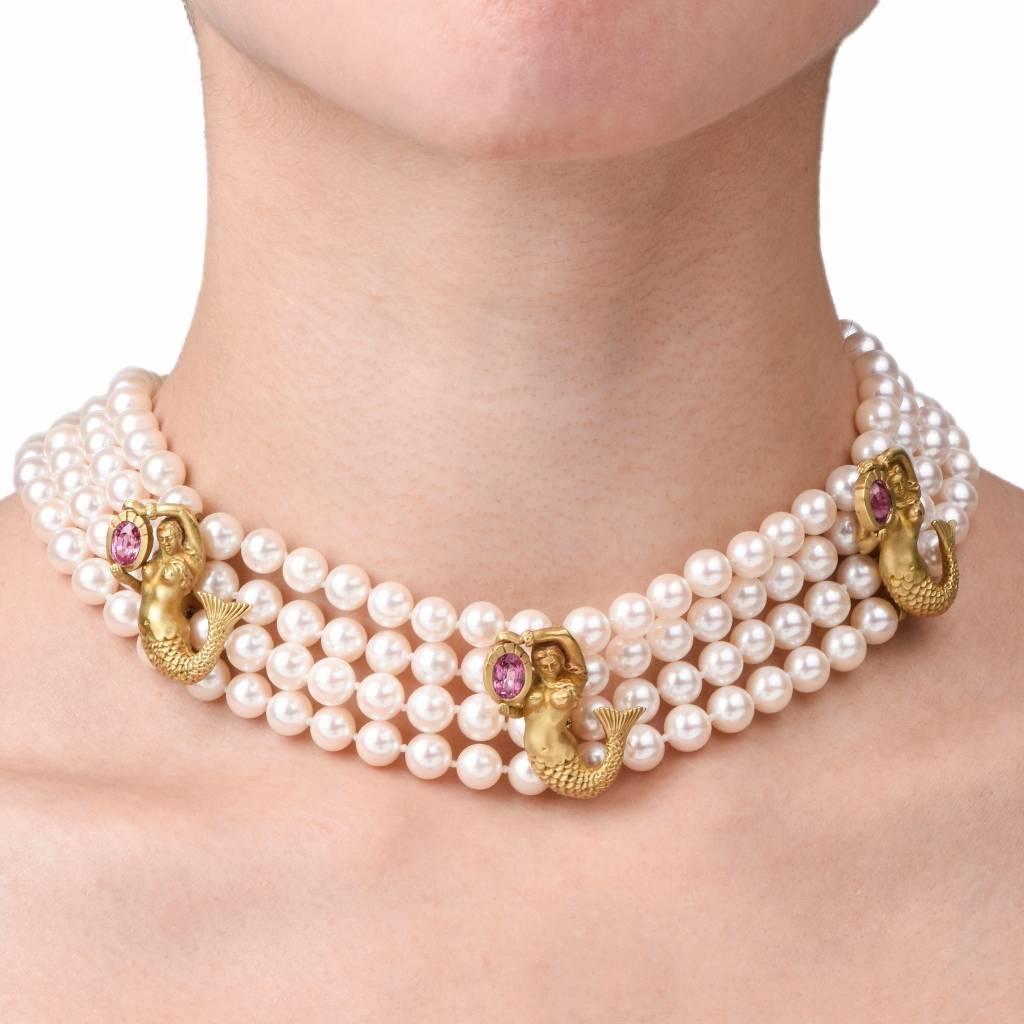 Round Cut Barry Kieselstein Vintage Mermaid Gold Pearl Necklace For Sale