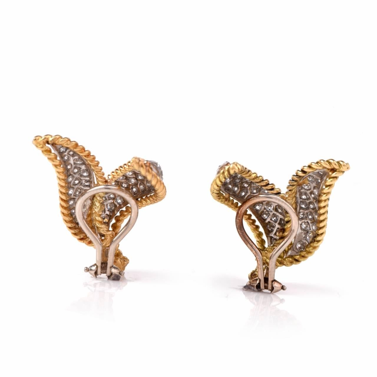 Stylish Diamond Two Color Gold Leaf Earrings In Excellent Condition In Miami, FL
