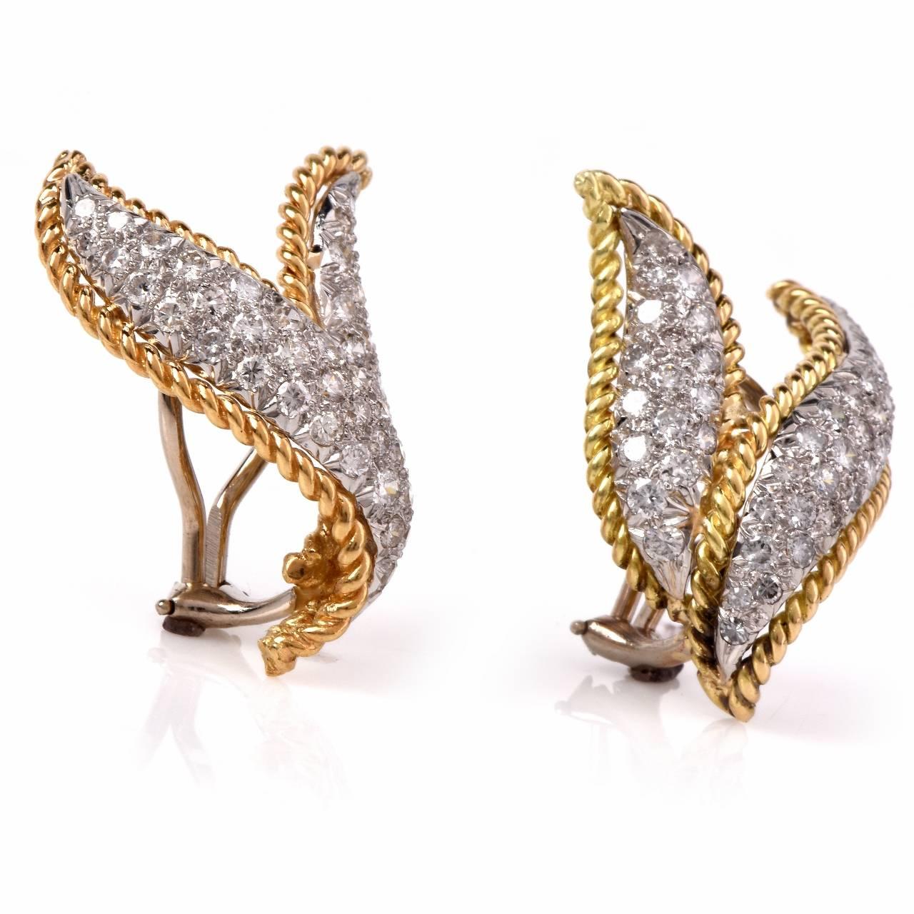 Stylish Diamond Two Color Gold Leaf Earrings 1