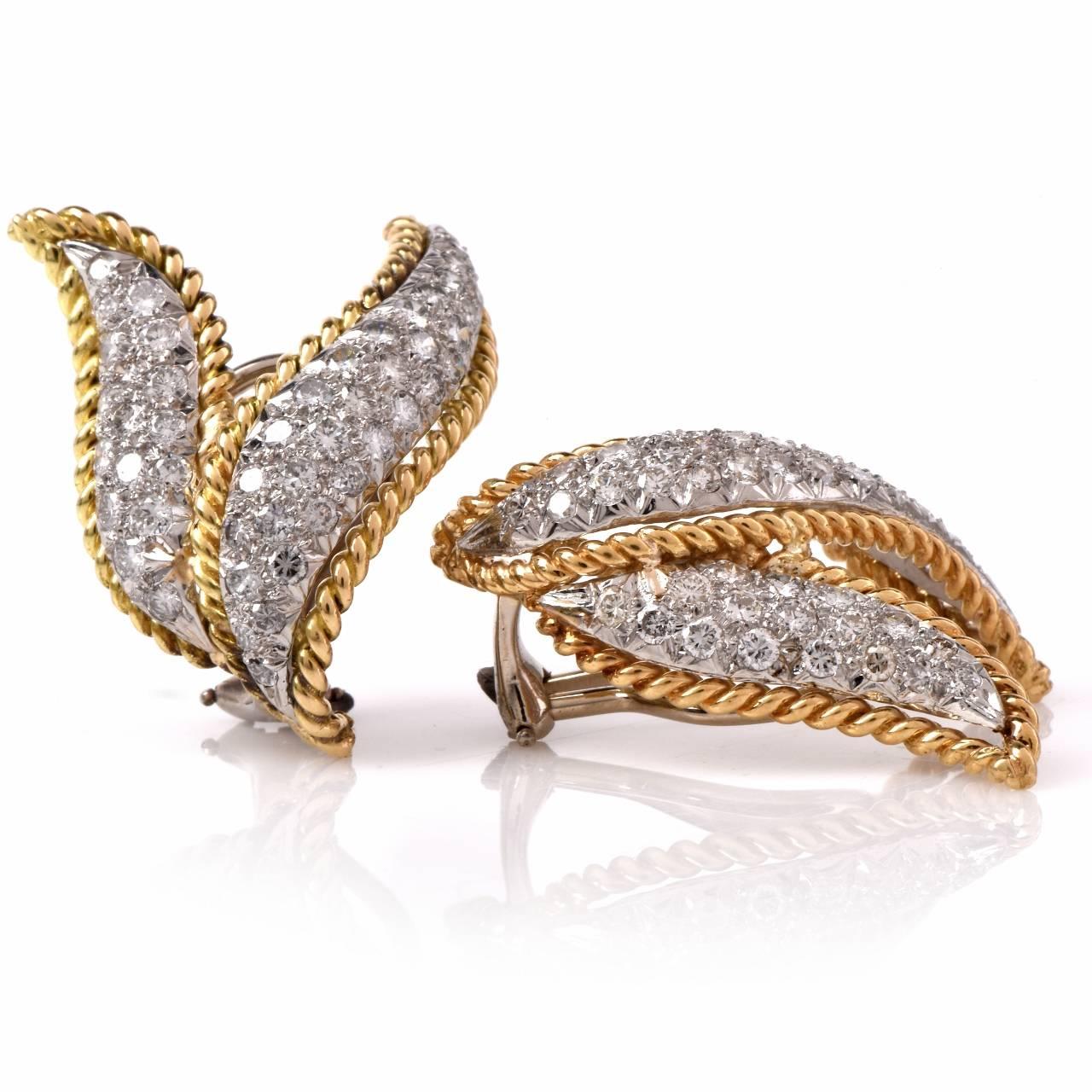 Women's or Men's Stylish Diamond Two Color Gold Leaf Earrings