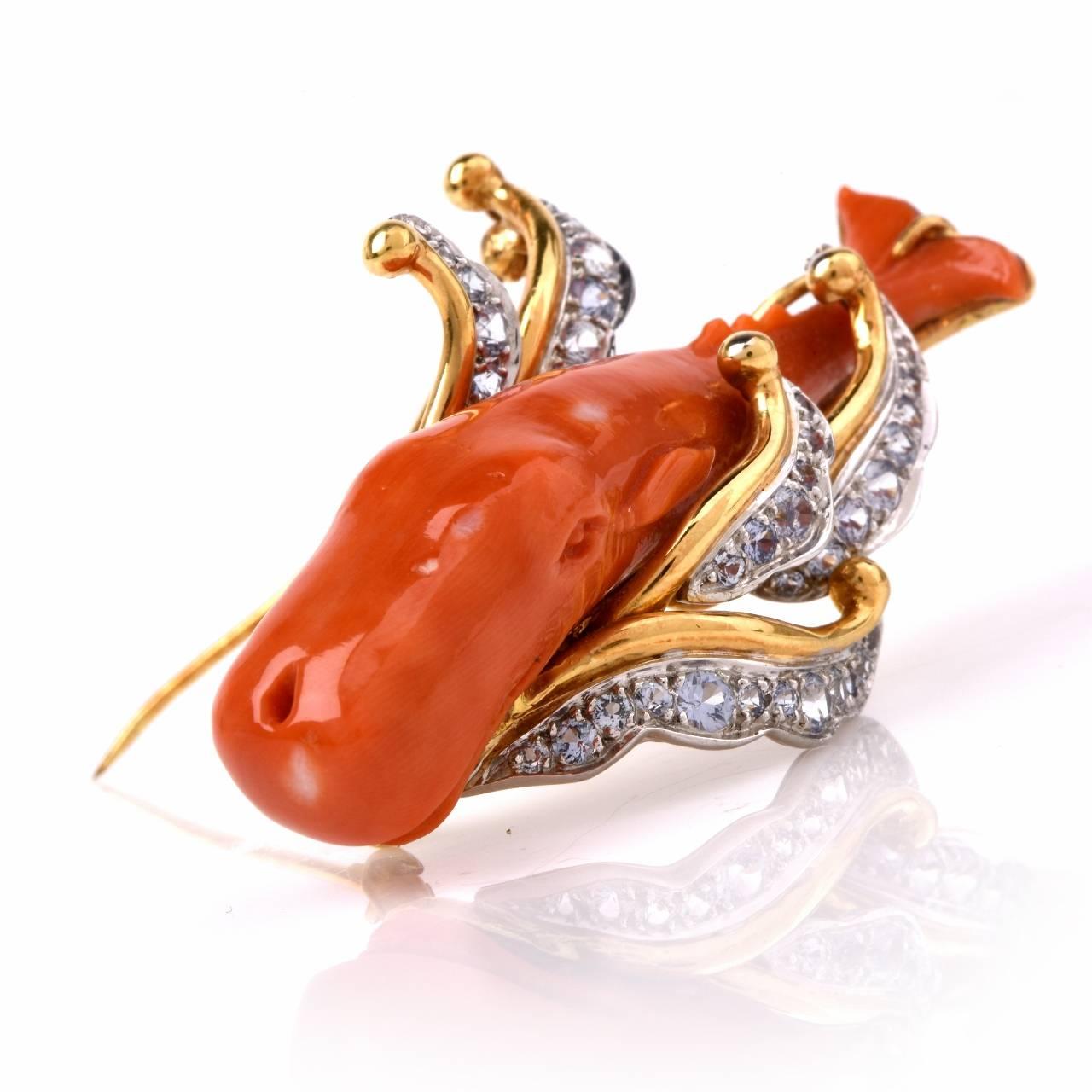 Modern 1980 Coral Diamond Gold Whale Pin Brooch