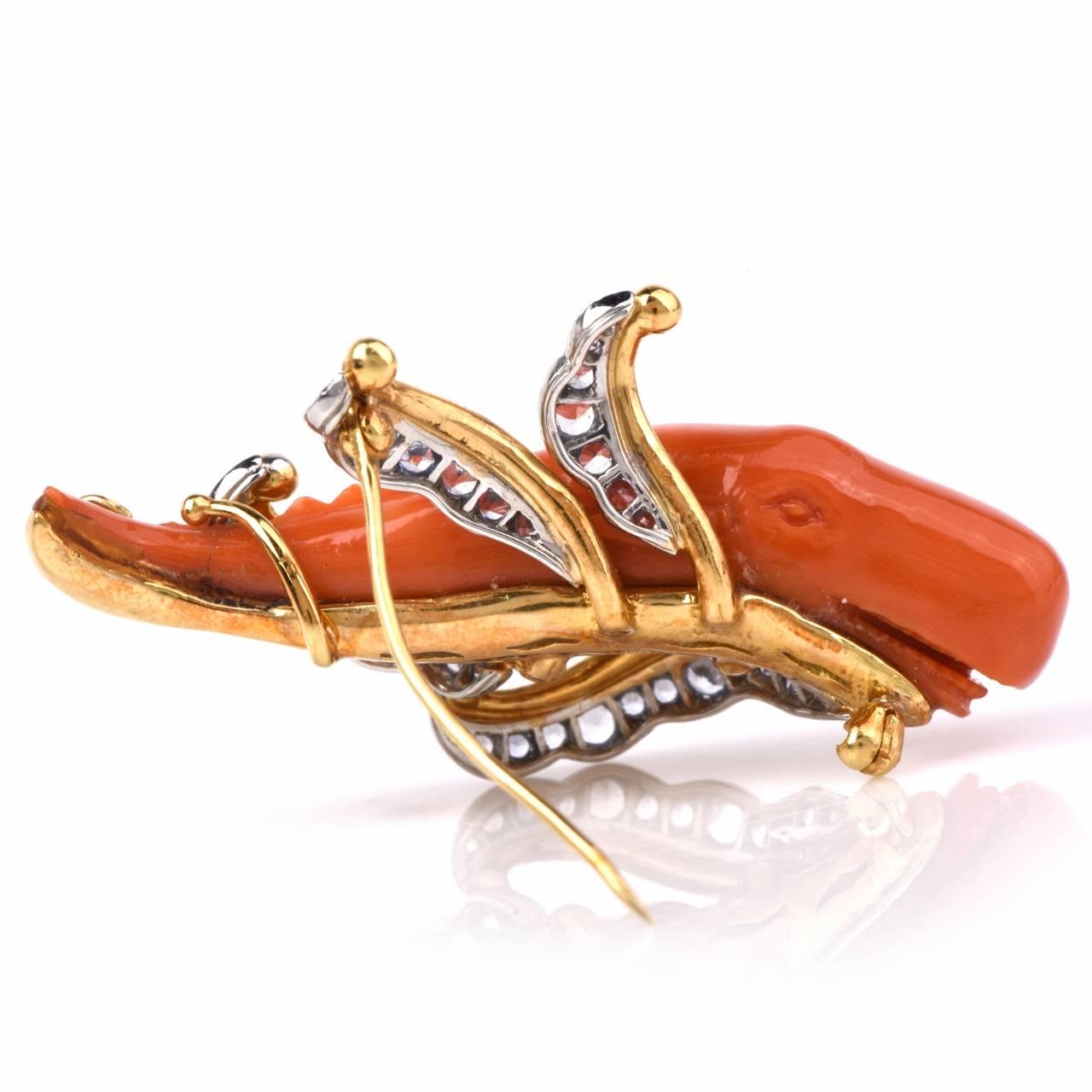 Women's 1980 Coral Diamond Gold Whale Pin Brooch