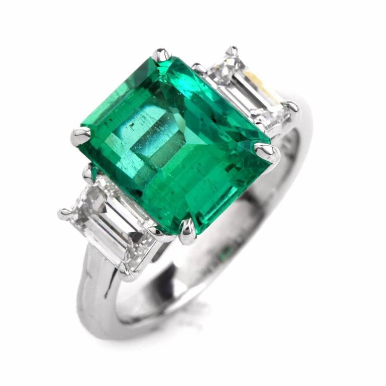 4.43 Carat GIA Cert Emerald Diamond Platinum Three Stone Ring at 1stDibs